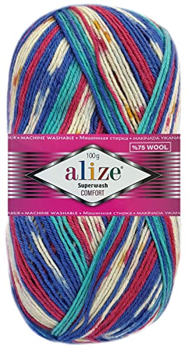 100 Gramm Alize Sockenwolle Superwash Comfort Color Farbig 4fädig 7654 Blau Pink Mix von HDK-VERSAND