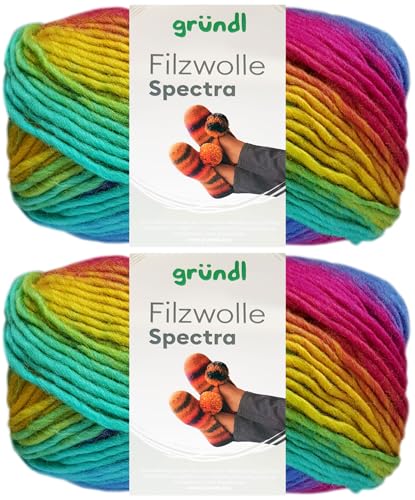 2x100 Gramm Gründl Filzwolle Spectra aus 100% reiner Schurwolle inkl. Anleitung für Filzschuhe (05 Carnival Multicolor) von HDK-VERSAND