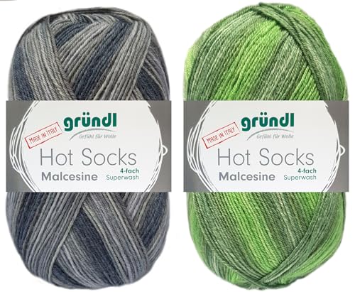 2x100 Gramm Gründl Hot Socks Malcesine (Sockenwolle aus 75% Schurwolle, 25% Polyamid (superwash) (Graphit + Gras) von HDK-VERSAND