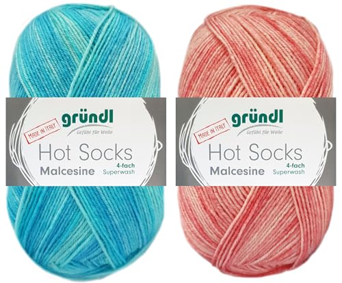 2x100 Gramm Gründl Hot Socks Malcesine (Sockenwolle aus 75% Schurwolle, 25% Polyamid (superwash) (Koralle + Pool) von HDK-VERSAND