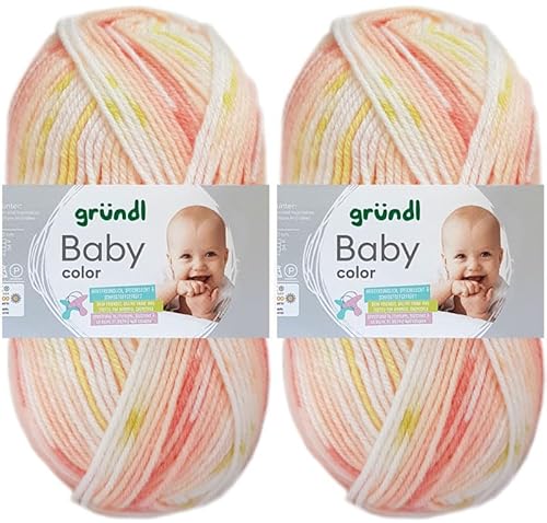 2x50 Gramm Gründl Baby Color Wolle Set inkl. Anleitung für Baby Teddybär (01 Koralle Hellgrün-Hellgelb-Weiss) von HDK-VERSAND