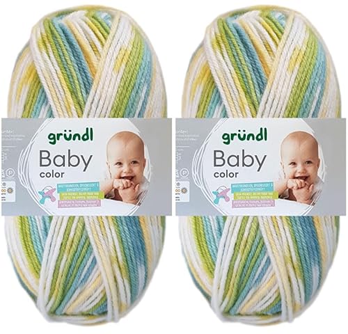 2x50 Gramm Gründl Baby Color Wolle Set inkl. Anleitung für Baby Teddybär (04 Gletscherblau-Grasgrün-Narzisse-Weiss) von HDK-VERSAND