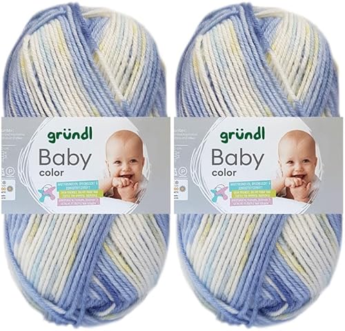 2x50 Gramm Gründl Baby Color Wolle Set inkl. Anleitung für Baby Teddybär (05 Kornblume-Himmelblau-Blassgelb-Weiss) von HDK-VERSAND