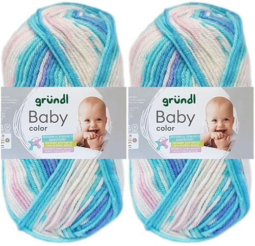 2x50 Gramm Gründl Baby Color Wolle Set inkl. Anleitung für Baby Teddybär (06 Türkis-Kornblumenblau-Rosa-Weiss) von HDK-VERSAND