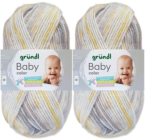 2x50 Gramm Gründl Baby Color Wolle Set inkl. Anleitung für Baby Teddybär (10 Mausgrau-Stein-Hellgelb-Weiss) von HDK-VERSAND