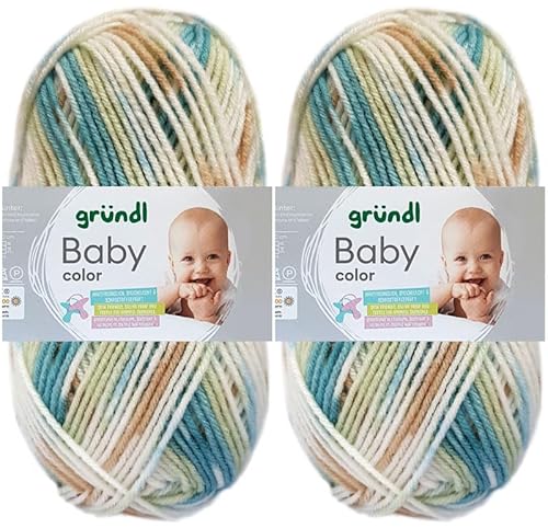 2x50 Gramm Gründl Baby Color Wolle Set inkl. Anleitung für Baby Teddybär (12 Ozeanblau-Mint-Braun-Weiss) von HDK-VERSAND