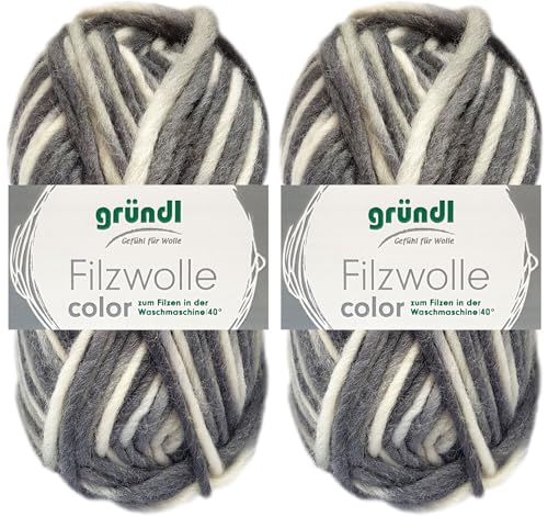 2x50 Gramm Gründl Filzwolle Color aus 100% reiner Schurwolle inkl. Anleitung für Topflappen (20 Schwarz Grau Weiss Multicolor) von HDK-VERSAND