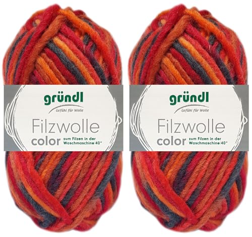 2x50 Gramm Gründl Filzwolle Color aus 100% reiner Schurwolle inkl. Anleitung für Topflappen (21 Rot Orange Schwarz Multicolor) von HDK-VERSAND