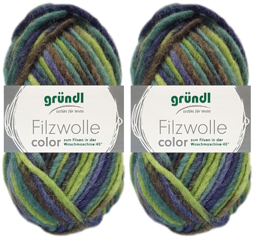 2x50 Gramm Gründl Filzwolle Color aus 100% reiner Schurwolle inkl. Anleitung für Topflappen (22 Grün Marine Multicolor) von HDK-VERSAND