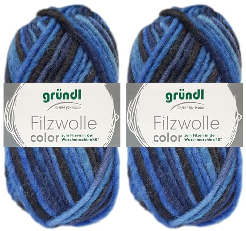 2x50 Gramm Gründl Filzwolle Color aus 100% reiner Schurwolle inkl. Anleitung für Topflappen (23 Blau Anthrazit Multicolor) von HDK-VERSAND