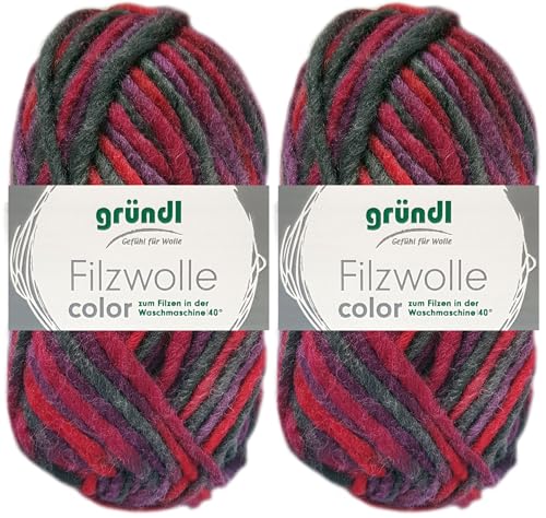 2x50 Gramm Gründl Filzwolle Color aus 100% reiner Schurwolle inkl. Anleitung für Topflappen (24 Lila Bordeaux Anthrazit Multicolor) von HDK-VERSAND