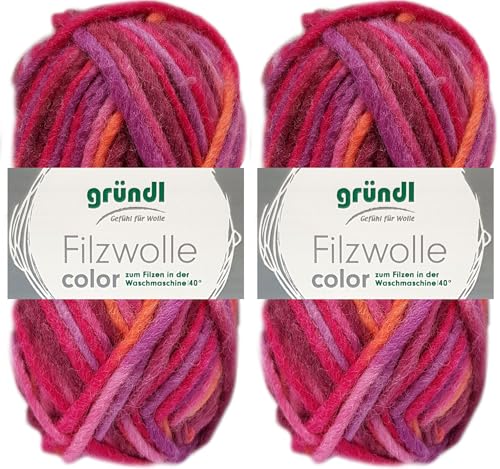 2x50 Gramm Gründl Filzwolle Color aus 100% reiner Schurwolle inkl. Anleitung für Topflappen (30 Orange Fuchsia Lila Multicolor) von HDK-VERSAND