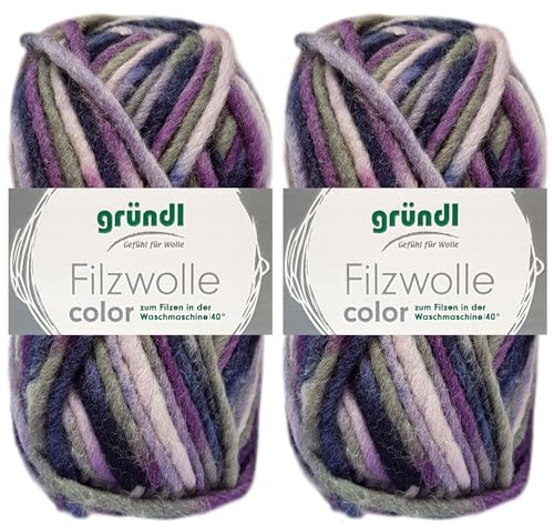 2x50 Gramm Gründl Filzwolle Color aus 100% reiner Schurwolle inkl. Anleitung für Topflappen (32 Steingrau Lila Flieder Multicolor) von HDK-VERSAND