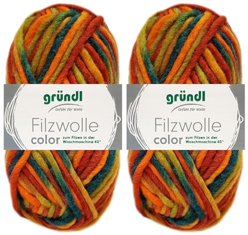 2x50 Gramm Gründl Filzwolle Color aus 100% reiner Schurwolle inkl. Anleitung für Topflappen (36 Blaugrün Rot Ocker Rotorange Multicolor) von HDK-VERSAND