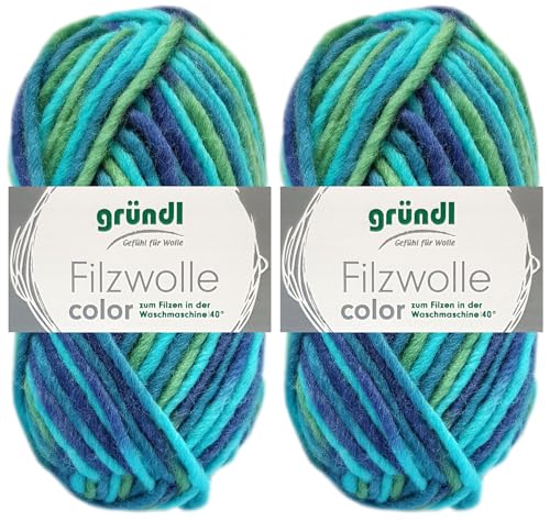 2x50 Gramm Gründl Filzwolle Color aus 100% reiner Schurwolle inkl. Anleitung für Topflappen (38 Aqua Multicolor) von HDK-VERSAND