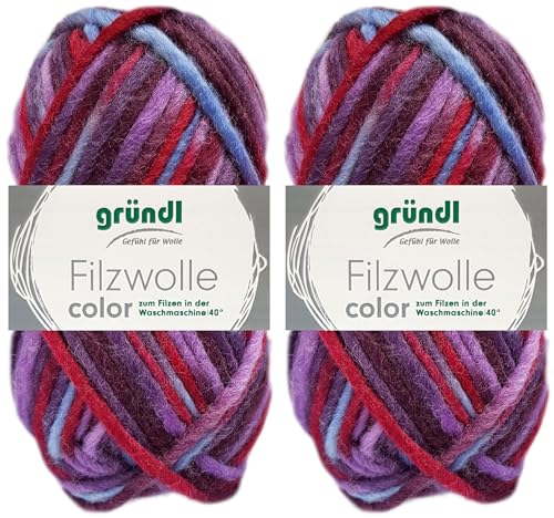 2x50 Gramm Gründl Filzwolle Color aus 100% reiner Schurwolle inkl. Anleitung für Topflappen (40 Fuchsia Flieder Hellblau Multicolor) von HDK-VERSAND