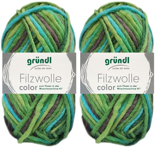 2x50 Gramm Gründl Filzwolle Color aus 100% reiner Schurwolle inkl. Anleitung für Topflappen (41 Grün Schwarz Multicolor) von HDK-VERSAND