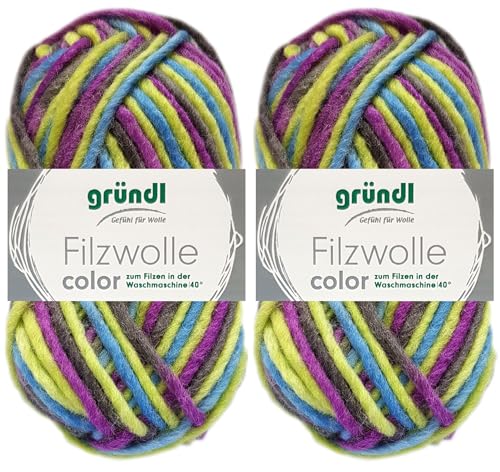 2x50 Gramm Gründl Filzwolle Color aus 100% reiner Schurwolle inkl. Anleitung für Topflappen (42 Lila Grün Multicolor) von HDK-VERSAND