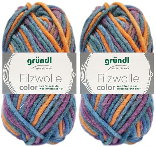 2x50 Gramm Gründl Filzwolle Color aus 100% reiner Schurwolle inkl. Anleitung für Topflappen (43 Flieder Blau Multicolor) von HDK-VERSAND