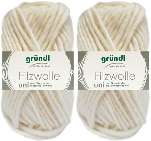 2x50 Gramm Gründl Filzwolle Uni aus 100% reiner Schurwolle inkl. Anleitung für Topflappen (01 Wollweiss) von HDK-VERSAND