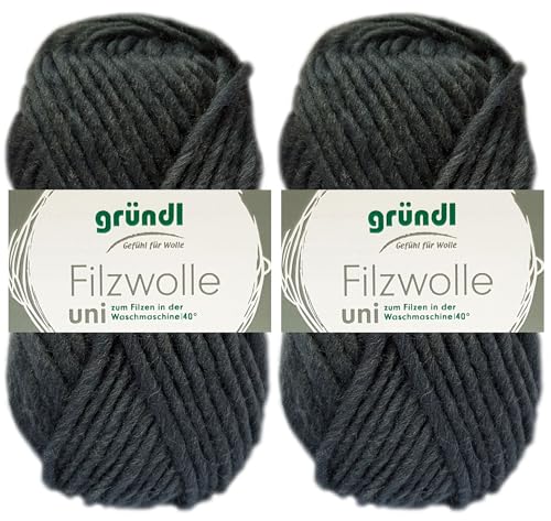 2x50 Gramm Gründl Filzwolle Uni aus 100% reiner Schurwolle inkl. Anleitung für Topflappen (02 Anthrazit) von HDK-VERSAND