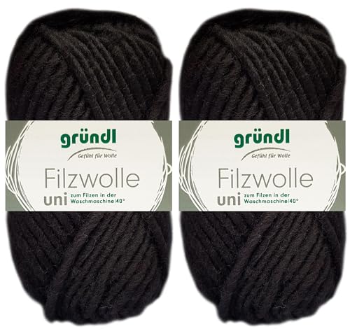 2x50 Gramm Gründl Filzwolle Uni aus 100% reiner Schurwolle inkl. Anleitung für Topflappen (03 Schwarz) von HDK-VERSAND