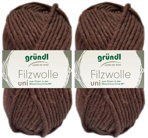 2x50 Gramm Gründl Filzwolle Uni aus 100% reiner Schurwolle inkl. Anleitung für Topflappen (06 Schokolade) von HDK-VERSAND