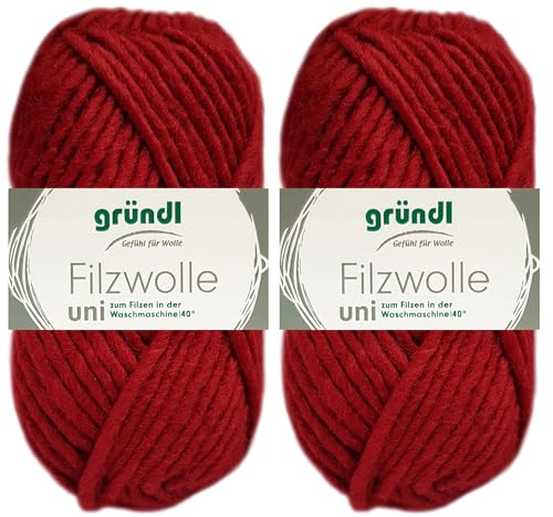 2x50 Gramm Gründl Filzwolle Uni aus 100% reiner Schurwolle inkl. Anleitung für Topflappen (10 Bordeaux) von HDK-VERSAND