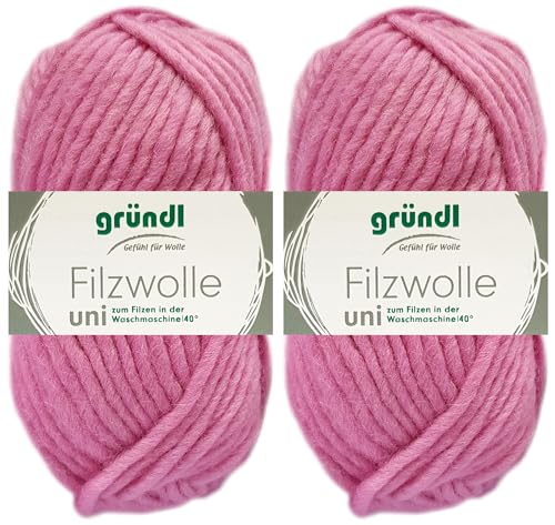 2x50 Gramm Gründl Filzwolle Uni aus 100% reiner Schurwolle inkl. Anleitung für Topflappen (18 Rosa) von HDK-VERSAND