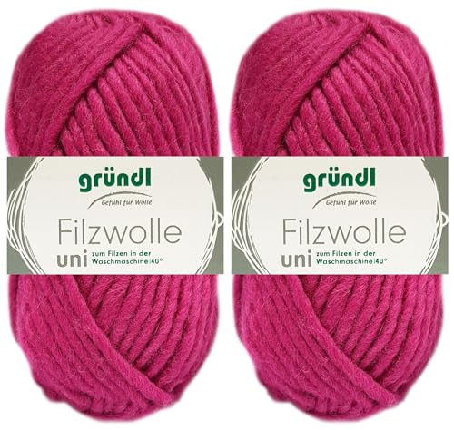 2x50 Gramm Gründl Filzwolle Uni aus 100% reiner Schurwolle inkl. Anleitung für Topflappen (19 Fuchsia) von HDK-VERSAND