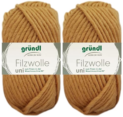 2x50 Gramm Gründl Filzwolle Uni aus 100% reiner Schurwolle inkl. Anleitung für Topflappen (55 Curry) von HDK-VERSAND