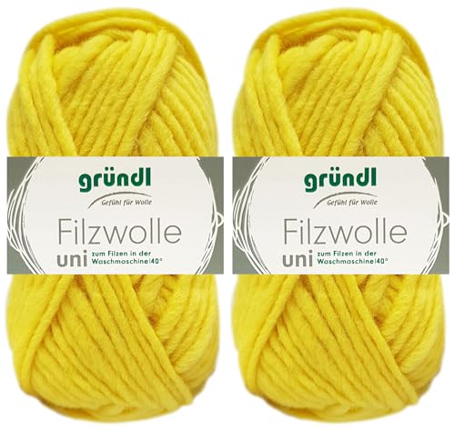 2x50 Gramm Gründl Filzwolle Uni aus 100% reiner Schurwolle inkl. Anleitung für Topflappen (60 Zitrone) von HDK-VERSAND