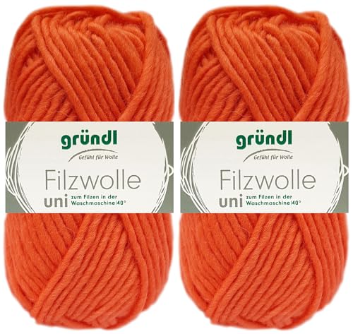 2x50 Gramm Gründl Filzwolle Uni aus 100% reiner Schurwolle inkl. Anleitung für Topflappen (61 Orange) von HDK-VERSAND