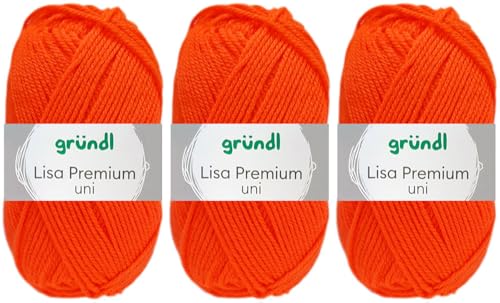 3x50 Gramm Gründl Lisa Premium Uni aus 100% Polyacryl inkl. Anleitung für Meerschwein (50 Neon Orange) von HDK-VERSAND