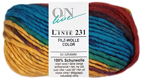 HDK-VERSAND 50 Gramm ONline Linie 231 Filzwolle Color aus 100% Schurwolle 0143 Gelb Türkis Rot Mix von HDK-VERSAND