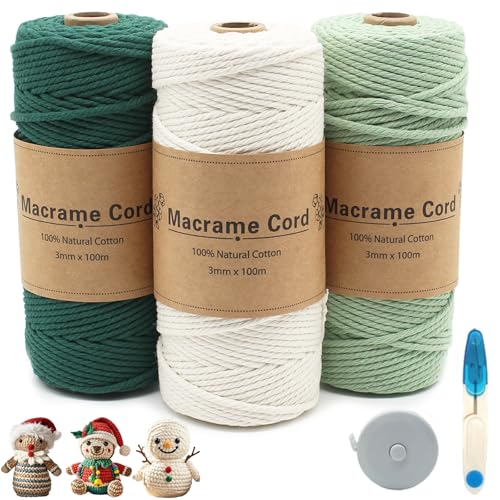 HDKAJL Makramee Garn 3er Set, 3mm x 100m Macrame Cord Makramee-garn Schnur Makramee Kordel Garn Makramee Zubehör für DIY Handwerk Fasching Weben Dekoration Boho Deko Hängepflanze Pflanze Aufhänger von HDKAJL