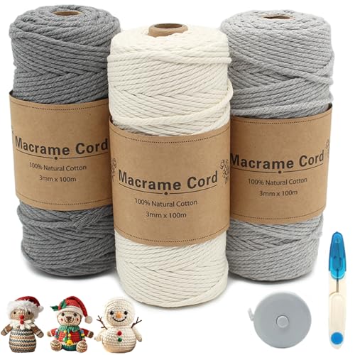 HDKAJL Makramee Garn 3er Set, 3mm x 100m Macrame Cord Makramee-garn Schnur Makramee Kordel Garn Makramee Zubehör für DIY Handwerk Fasching Weben Dekoration Boho Deko Hängepflanze Pflanze Aufhänger von HDKAJL