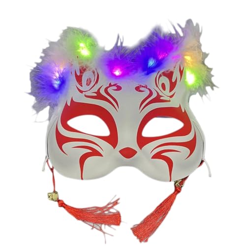 HDKEAN Japanische Anime-Füchse, LED, leuchtend, halbes Gesicht für Maskerade, Halloween, Cosplay, Party, Kostümzubehör von HDKEAN