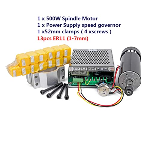 HEALBYBLE CNC-Spindelmotor 0,5 kW luftgekühlte Spindel ER11 Spannfutter 500 W + 52 mm Klemme + Netzteil Drehzahlregler for PCB-Gravur,Leichter Lauf(5tons 2.5tons) von HEALBYBLE