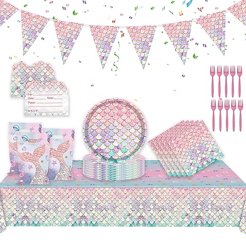 71 Stück Meerjungfrau Partygeschirr Set, Kinder Geburtstag Deko Set mit Tischdecke Papier Teller Servietten Gabeln Wimpel Einladungen Taschen für Jungen Mädchen Kindergeburtstag Babyparty von HEAWAA