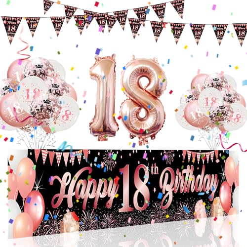 18 Geburtstag Deko Schwarz Roségold, 18. Geburtstagsfeier Dekorationen Banner für Jungen und Mädchen 300 x 50 cm Lange Happy Birthday Banner Girlande Wimpel Dekoration für 18. Geburtstagsfeier von HEDMON