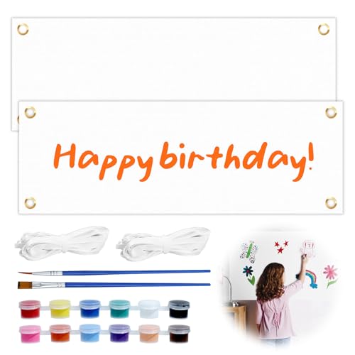 HEDMON 2 Set 180 x 60 cm Großes Leeres Banner, Weißes Banner Selbst Gestalten Personalisiert Blanko Banner mit Ösen Partybanner mit 6m Seil für Geburtstag Schuleröffnung DIY Painting Hochzeit von HEDMON