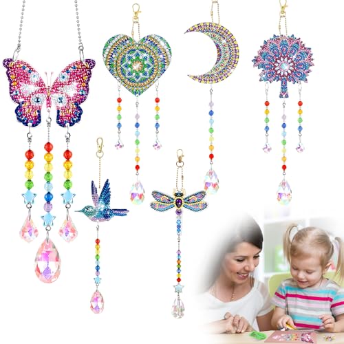 HEDMON 6 Stück Diamant Painting Windspiel Bastelset Kinder 5D Diamond Painting Anhänger Bastelset Mädchen 6 7 8 9 10 Jahre Diamond Painting Kinder Geeignet für Fenster, Garten Dekoration von HEDMON