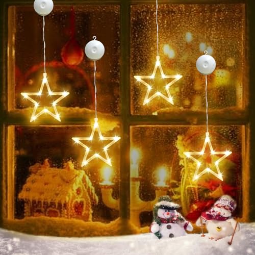 HEDMON LED Sterne Weihnachtsbeleuchtung, LED Weihnachtsstern Beleuchtung Batteriebetriebene Innen Weihnachtsstern Lichterkette mit Saugnäpfe für Fenster Weihnachten Party (4 Stück-B) von HEDMON