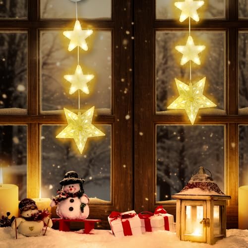 HEDMON LED Sterne Weihnachtsbeleuchtung 2 Stück, Weihnachtsdeko Fenster Batteriebetriebene Weihnachtsstern Lichterkette mit Saugnäpfe für Fenster Weihnachten (Kristallstern mit Kleiner Stern) von HEDMON