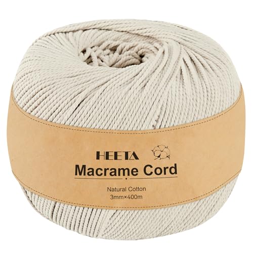 HEETA Makramee Garn 3 mm x 400 m, Weiches Rope Garn zum Basteln, Natürliche Baumwolle Robust, 4 Stränge Gedrehte Baumwollschnur für Anfänger, DIY-Heimdekoration von HEETA