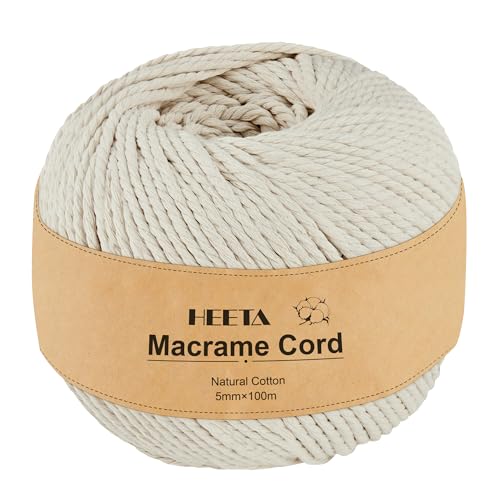 HEETA Makramee Garn 5 mm x 100 m, Weiches Rope Garn zum Basteln, Natürliche Baumwolle Robust, 4 Stränge Gedrehte Baumwollschnur für Anfänger, DIY-Heimdekoration von HEETA