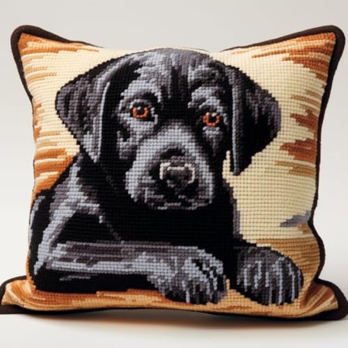 DIY Latch Haken Kissen Kits Schwarz Labrador Retriever Kissenbezug Kissen Teppich Bezug Stickerei Kits Handgemachte Haken Set Handwerk Heimdekoration 43x43cm von HEEVT