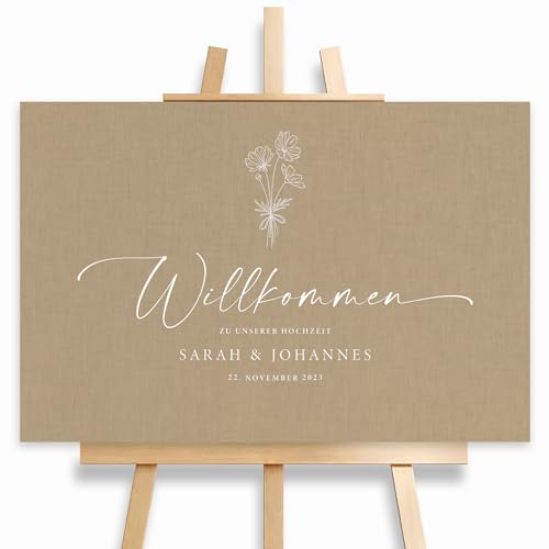 HEI Print Willkommensschild Hochzeit Beige mit Datum und Namen, personalisierte Hochzeitsdeko, Willkommen Schild, Stoffoptik, Leinwand, 60x40 von HEI Print