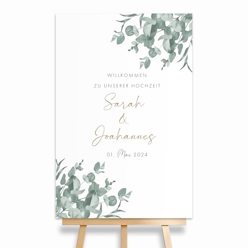 HEI Print Willkommensschild Hochzeit Eukalyptus mit Datum und Namen, personalisierte Hochzeitsdeko, Aufsteller Willkommen Schild, Grün, Leinwand, 60x40 (Hochformat) von HEI Print